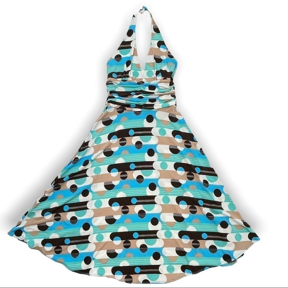 Max and Cleo halter fit flare circle skirt dress Y2K polka dot ruched waist XS  